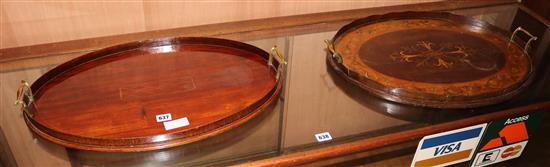 Two oval marquetry/mahogany trays